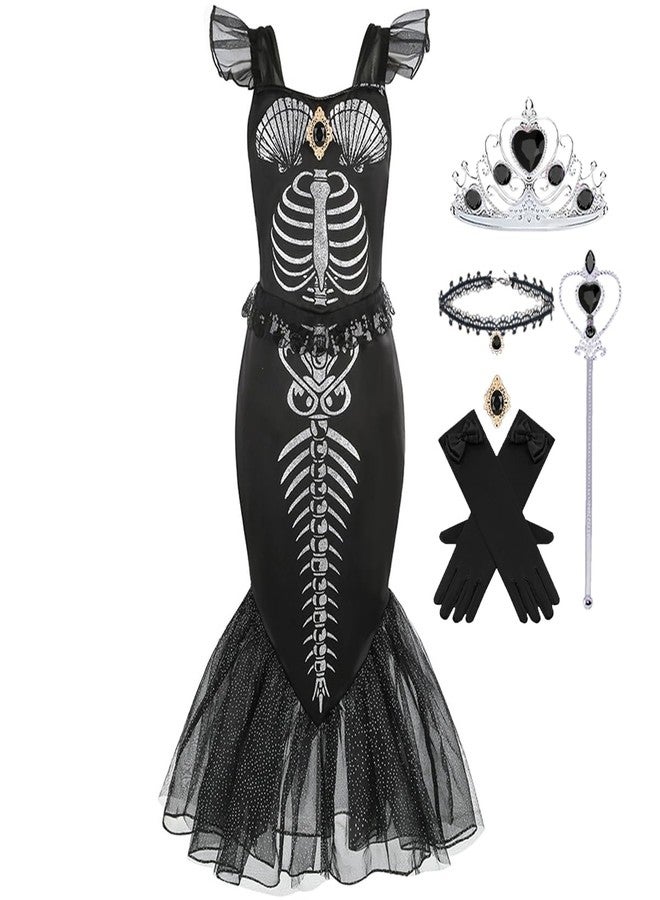 Luzlen Girls Mermaid Skeleton Costume Kids Ariel Princess Black Dress Halloween Cosplay Outfits with Accessories, 4-5T(Tag 120) - Image 1